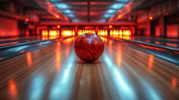 A bowling ball on the bowling lane with red lights photo