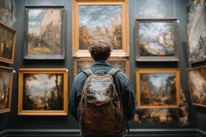 A man with a backpack looking at paintings in an art gallery photo