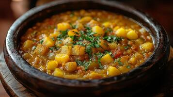 A bowl of stew with potatoes and herbs photo