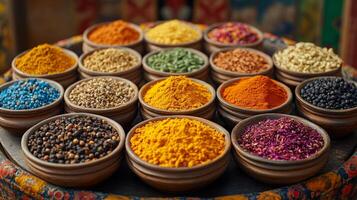 Many different types of spices are in bowls photo