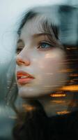 A woman looking into the distance with a blurred image photo