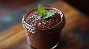A chocolate smoothie with mint leaves on top photo