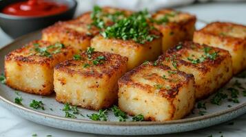 A plate of potato cubes with parsley on it photo