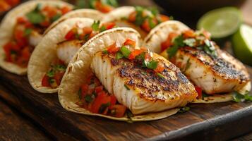 Three fish tacos with salsa and tomatoes photo