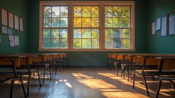 A classroom with empty chairs and a window with a tree photo