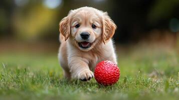 A puppy running with a red ball in the grass photo