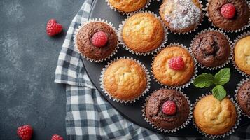 A plate of muffins with raspberries on it photo