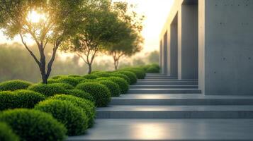 A walkway with trees and bushes in front of a building photo