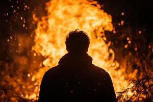 A man standing in front of a bonfire photo