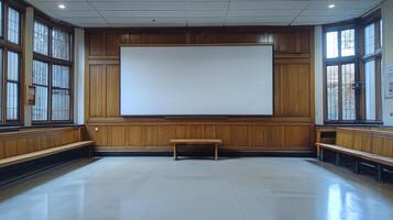 A large projection screen in a room with wooden walls photo