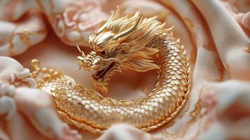 Gold dragon brooch on a silk cloth photo