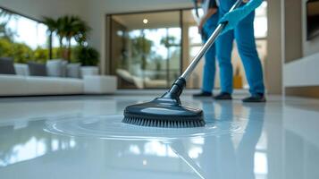 A person cleaning a floor with a broom photo