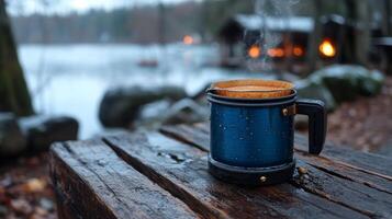 A blue mug on a wooden table near a lake photo