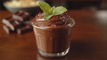 A chocolate milkshake with a mint leaf on top photo