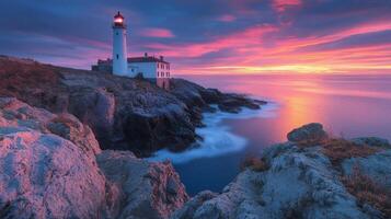 A lighthouse is seen in the sunset with a colorful sky photo