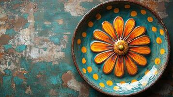 A colorful ceramic plate with a flower on it photo