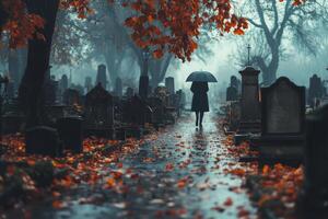 A person walking through a cemetery with an umbrella photo