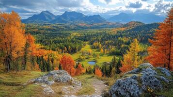 Autumn landscape with trees and mountains in the background photo