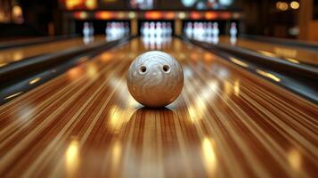 A bowling ball sits on the bowling lane photo