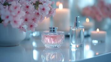 Perfume bottles and candles on a table photo