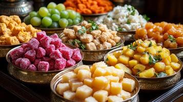 A variety of different types of fruit and vegetables in bowls photo