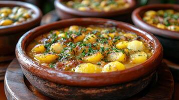A bowl of food with potatoes and herbs photo