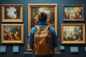 A woman with a backpack looking at paintings in an art museum photo