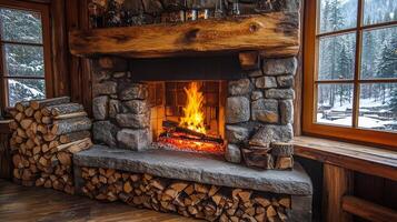 A fireplace with logs and a window photo