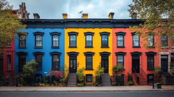 A row of colorful houses on a street photo