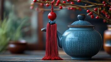 A blue teapot with red tassel photo