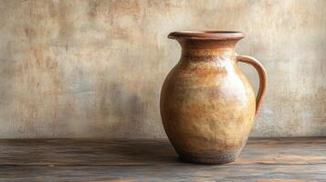 A brown vase sitting on a wooden table photo