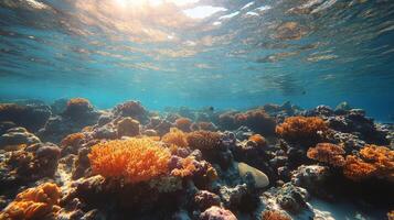 Underwater view of coral reefs and sunbeams photo