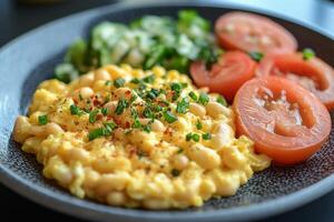 Scrambled eggs with tomatoes and beans photo