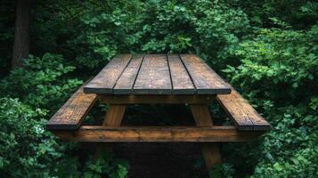 A picnic table in the woods photo