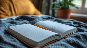 A notebook and pen on a bed photo
