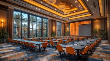 A large conference room with orange chairs and tables photo