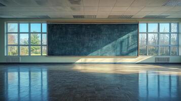 An empty classroom with a chalk board on the wall photo