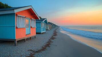A row of colorful beach huts on the beach photo