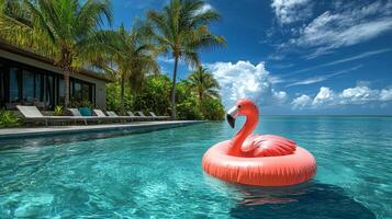 A flamingo floating in a pool near a house photo