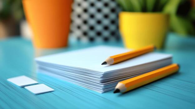 A stack of paper with pencils and a plant on a blue table photo