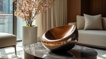 A modern living room with a large glass table and a large brown sculpture photo