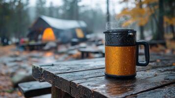 A coffee mug on a table in front of a tent photo