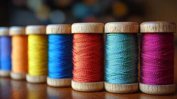 A row of spools of different colors of thread photo
