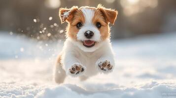 A puppy running through the snow photo