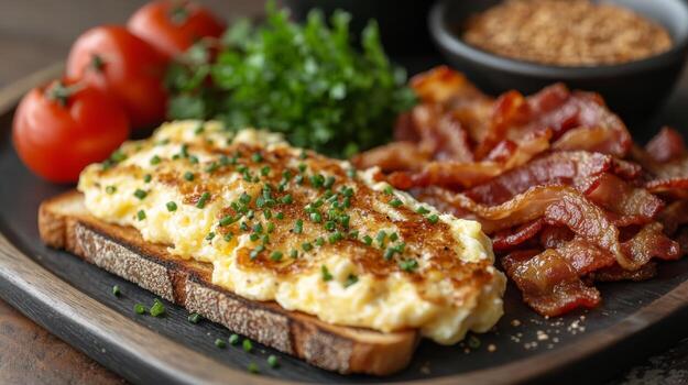 Scrambled eggs, bacon and tomatoes on toast photo