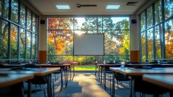 A classroom with a projector screen and chairs photo