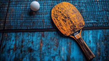 A ping pong paddle and an egg on a blue table photo