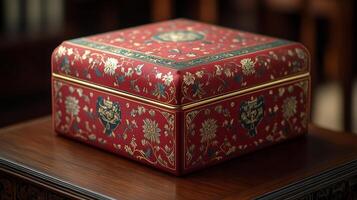 A red box with gold and red designs on it photo