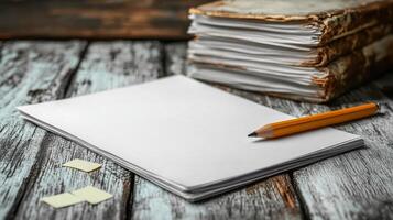 Blank paper, pencil and old books on wooden table photo