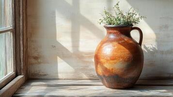 A vase with plants sitting on a window sill photo